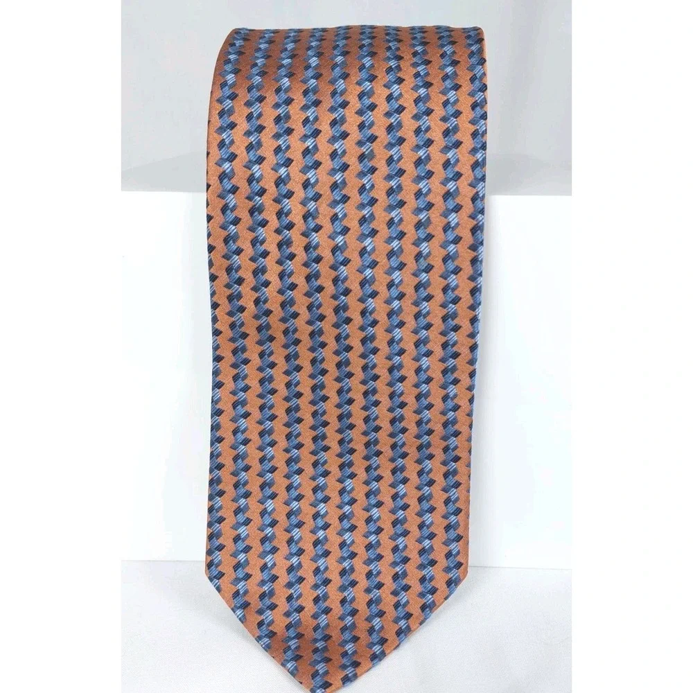 Roberto Villini Collezione Necktie Copper‎ Blue Geometric 100% Silk Handmade Tie